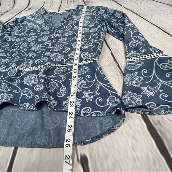 FOURTEENS PLACE chambray peasant boho floral top bell sleeves NWOT, size M - Picture 6 of 14